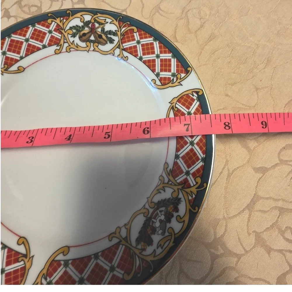 VTG Gibson China Windsor Christmas Salad Plates Set of 3 Gold Trim Holiday Plaid